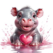 Cute Baby Hippo With Pink Hearth