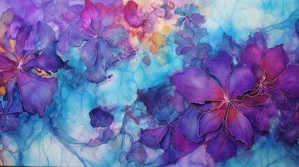  Abstract Purple and Orange Ethereal Watercolor Painting Texture Background with Light Turquoise and Dark Magenta Flowers