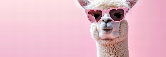 cute white alpaca wearing pink heart shaped sunglasses isolated on light pastel pink background with copy space