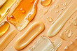 serum or oil swatches in different textures on a pastel light orange background
