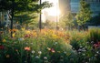 A rewilded city square with pollinator-friendly gardens