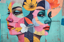 Mural Street Art Graffiti On The Wall. Abstract Pastel Color Woman Faces With Flowers .