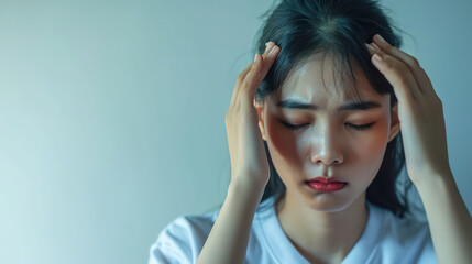 Wall Mural - Sad tired young asian woman touching forehead having headache migraine or depression, upset frustrated girl troubled with problem feel stressed