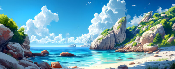 Wall Mural - Landscape with beautiful beach on an island. Summer holidays illustration.	