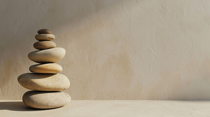 Wall Mural - Spa, balance, meditation and zen minimal modern concept. Stack of stone pebbles against beige wall for design and presentation