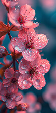 Water Drops Fall From Pink Flowers In Blue Background, In The Style Of Dark White And Light Magenta