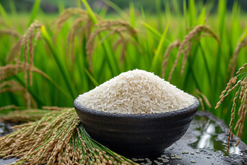 Wall Mural - White rice and paddy rice with rice plant background