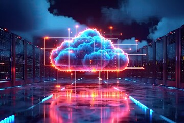 Wall Mural - Technology networking and digital communication in business with cloud computing concept web storage for data global social media ai server online binary illustration background modern futuristic