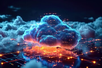 Technology networking and digital communication in business with cloud computing concept web storage for data global social media ai server online binary illustration background modern futuristic