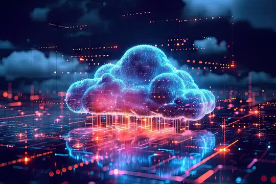 Technology networking and digital communication in business with cloud computing concept web storage for data global social media ai server online binary illustration background modern futuristic