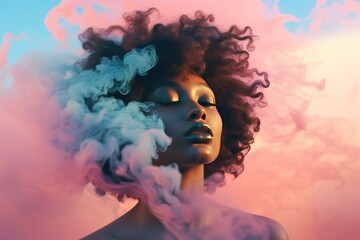 double exposure of a beautiful black woman. face closeup in dreamy pink pastel blue clouds and sky. Music concert, r'n'b, funk, electronic party poster and creative banner.