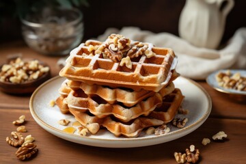 oatmeal nut waffles on beige minimal kitchen. Homemade dessert recipe for breakfast.