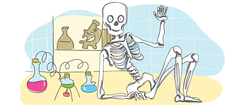 Science laboratory. Skeleton sitting on the table waving.