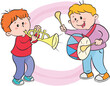 Two little children playing drums and zurna.