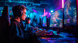 Professional Gamer Engaged in Esports Competition at Gaming Arena, Intense Cyber Battle on Computer Screens with Dynamic Lighting and Audience