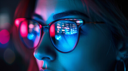 data reflecting on eyeglasses on woman's face. computrer programmer big data and ux designer concept