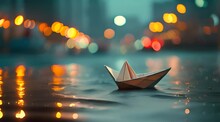 Paper Boat Floating On The Rain Pond In The City
