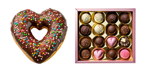 Canvas Print - Mouthwatering Heart Shaped Chocolate Glazed Doughnut with a Box of Assorted Chocolate Truffles on Transparent Background, PNG file