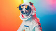 Cute space dog dressed in astronaut suit with sunglasses in studio with a colorful. AI Generative