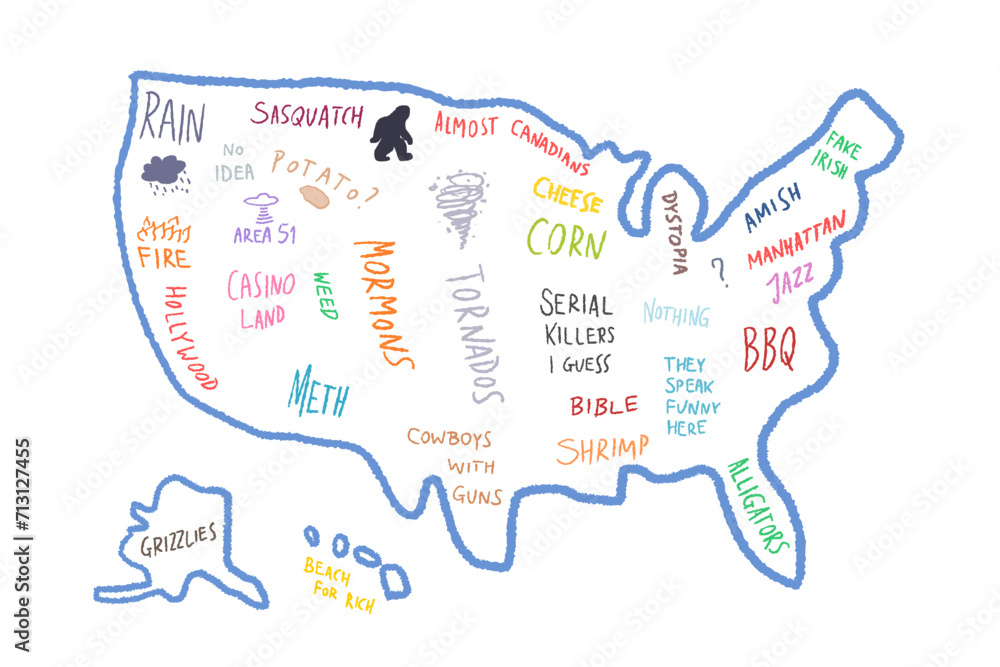 Meme map of America - funny stereotypes Stock Vector | Adobe Stock