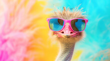 Cute Ostrich Wearing Sunglasses In Studio With A Colorful And Bright Background. AI Generative