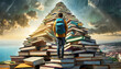 Rear view of a male student with her backpack on her shoulder, in front of a very high pile of books, in the shape of a pyramid towards the sky. Generative Ai.