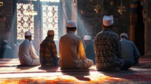 A Group Of Muslims Are Praying In Congregation With Takbir Poses In The Mosque