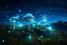 Cluster Of Blue Mushrooms Amidst Green Grass, Under A Starry Sky With Radiant Light On The Ground. Generative AI