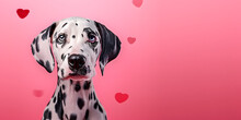 Portrait Of A Dog. Dalmatian Dog On A Pink Love Background: Valentine's Day, Romance, And Love Concept. Generative Ai 