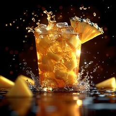 Sticker - Refreshing iced tea splashing in a glass with lemon wedges. vibrant beverage with a dynamic splash. ideal for summer adverts. AI