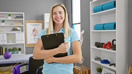 Wall Mural - Blonde woman therapist smiling in a rehabilitation center with a clipboard