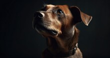 A Loyal Brown Dog Of An Unknown Breed Gazes Up With Its Snout Pointed Towards Its Collar, A Faithful And Beloved Pet To Its Owner