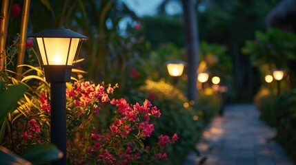 Sticker - A pathway adorned with an abundance of colorful flowers, bordered by a charming lamp post. Ideal for adding a touch of beauty and serenity to any project or design