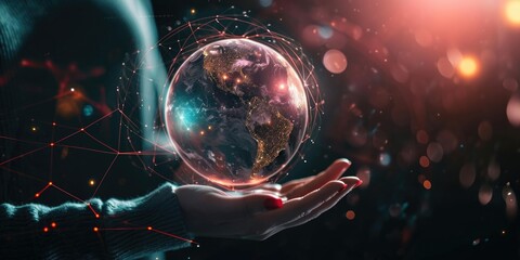 Poster - A person is depicted holding a glowing globe in their hands. This image can be used to symbolize global connectivity, environmental awareness, or the concept of unity