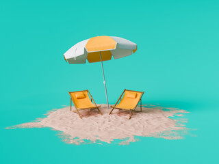 Sticker - two wooden sun loungers under a white and yellow umbrella on a sand pile against a turquoise studio background. Relaxing summer concept.