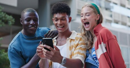 Sticker - Friends, smartphone and social media, relax in city with excited reaction to chat and together outdoor with tech. Bonding, friendship and communication, online and internet, wow for meme and gen z