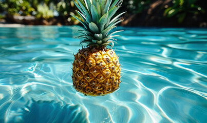  Ripe yellow pineapple floating in a clear blue swimming pool, representing summer vibes, tropical fruits, and fun, quirky vacation concepts