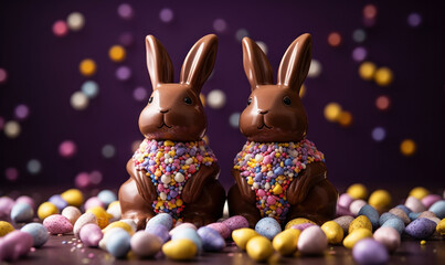 Festive chocolate Easter bunnies decorated with colorful sprinkles facing each other among scattered candy eggs on a purple backdrop symbolizing holiday celebrations