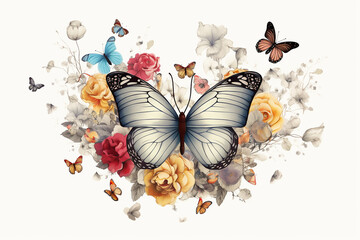 Wall Mural - Cute beautiful butterfly, pastel colors, flowers, watercolor illustration