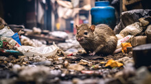 Brown Rat Scavenging Amidst Urban Waste And Plastic Pollution