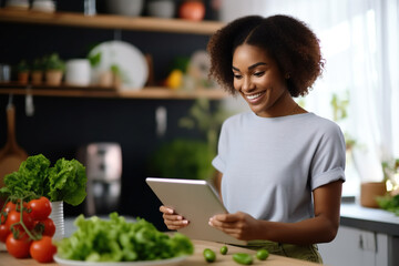 Wall Mural - Happy millennial African American girl enjoying cooking salad from fresh vegetables in kitchen, using digital tablet pad, consulting recipe, healthy food blog