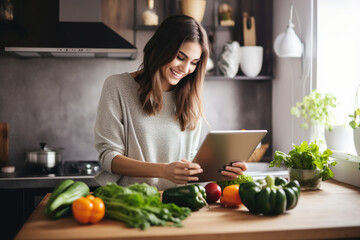 Wall Mural - Happy millennial young woman cooking dinner in home kitchen, using tablet computer at table with vegetables, dish, reading online recipe, watching organic food blog