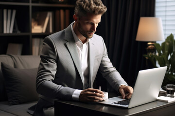 Wall Mural - Focused manager dressed in elegant suit working over laptop on desk at home