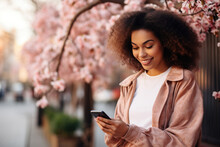 Gorgeous African American Girl Sitting On Bench Reading Sms Waiting Friend Meeting Date Spring Outdoors