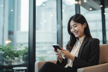 young busy happy asian business woman manager using mobile cell phone tech in office