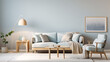 Cosy blue living room interior design, stylish modern livingroom.