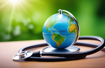 Stethoscope wrapped around globe . Save the wold, Global healthcare and Green Earth day concept.