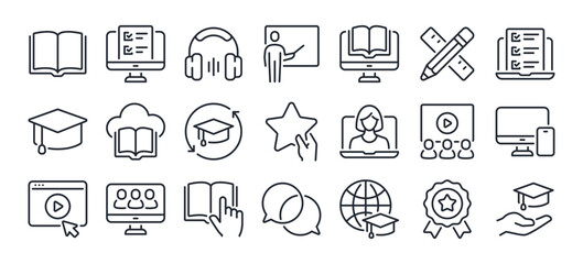 Education, seminar, online learning, webinar editable stroke outline icons set isolated on white background flat vector illustration. Pixel perfect. 64 x 64.
