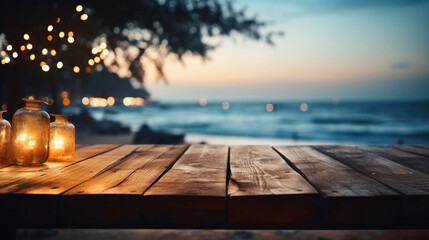 Wooden table ocean bokeh background, empty wood desk surface product display mockup with blurry sea water sunny beach abstract summer travel backdrop advertising presentation. Mock up, copy space.