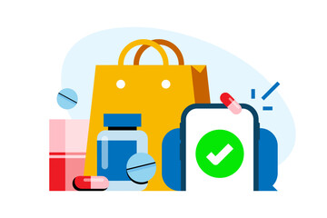 online pharmacy, order medicine via mobile application concept illustration flat design vector. modern graphic element for landing page ui, infographic, icon